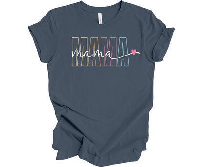 Bella Canvas T-Shirt in Vintage Navy with a colorful outline MAMA design.  Cutting across the middle of the design is the word mama in cursive in the color white, which provides a nice contrast.