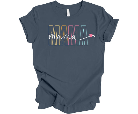 Bella Canvas T-Shirt in Vintage Navy with a colorful outline MAMA design.  Cutting across the middle of the design is the word mama in cursive in the color white, which provides a nice contrast.