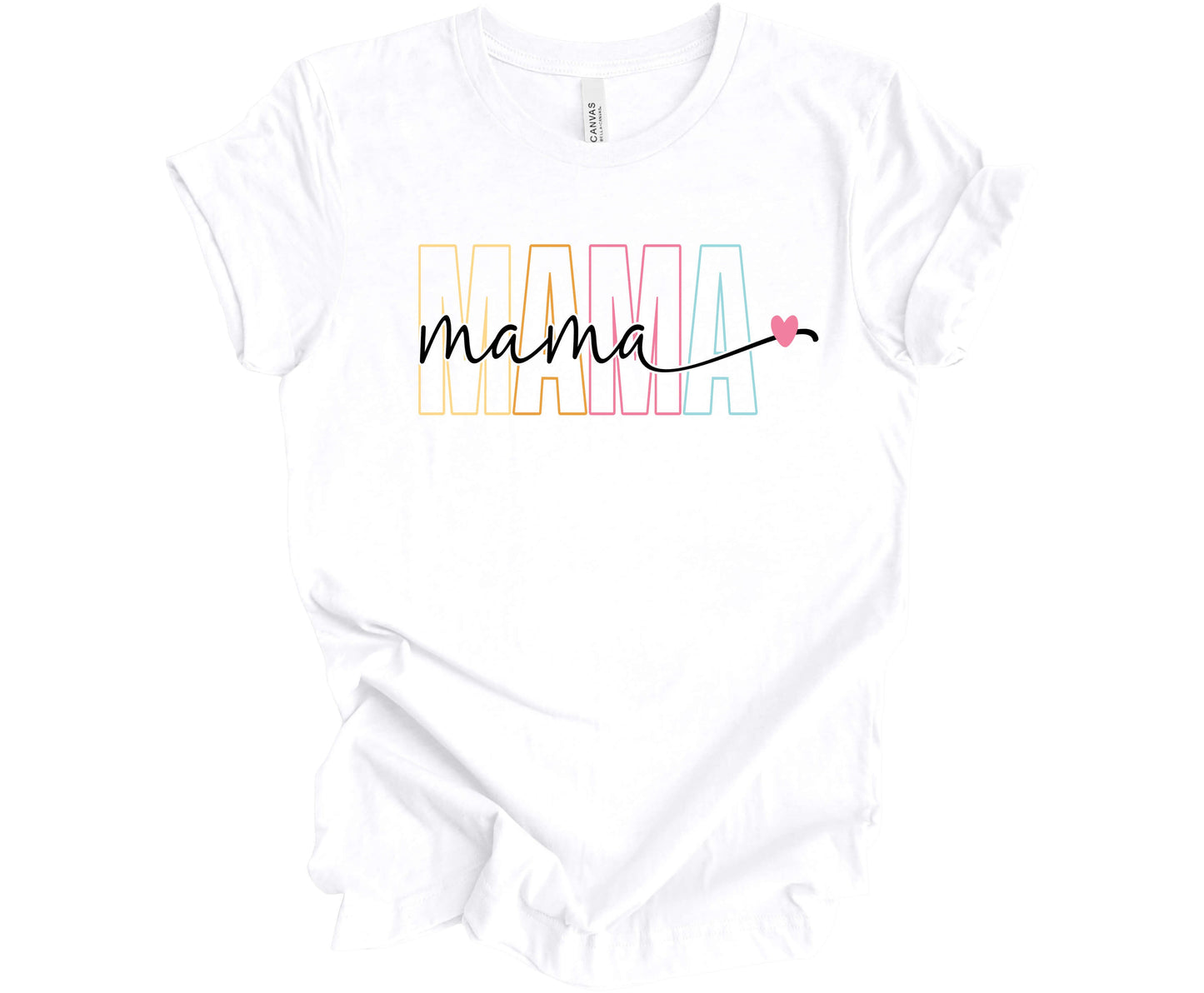 Bella Canvas T-Shirt in White with a colorful outline MAMA design.  Cutting across the middle of the design is the word mama in cursive in the color black, which provides a nice contrast.