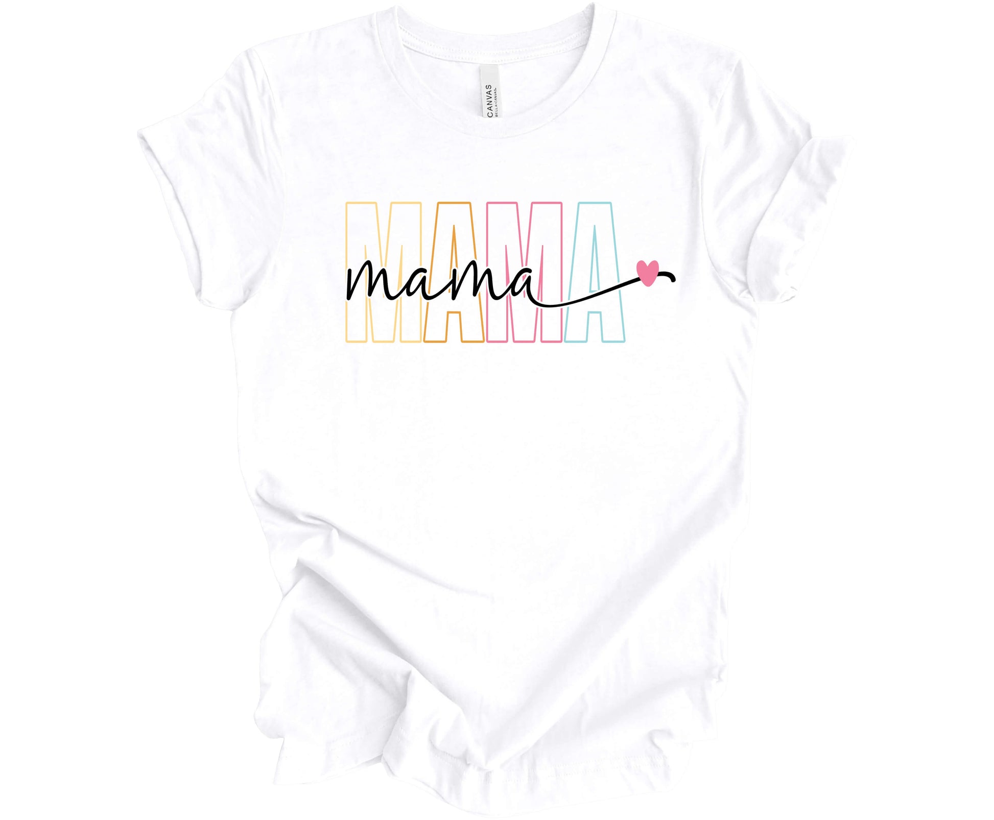 Bella Canvas T-Shirt in White with a colorful outline MAMA design.  Cutting across the middle of the design is the word mama in cursive in the color black, which provides a nice contrast.