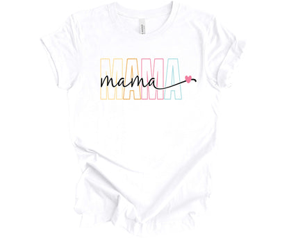 Bella Canvas T-Shirt in White with a colorful outline MAMA design.  Cutting across the middle of the design is the word mama in cursive in the color black, which provides a nice contrast.