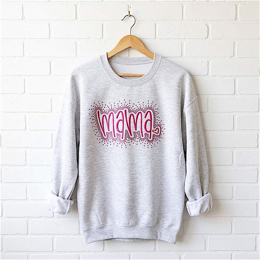 This listing is for a Gildan Softstyle Sweatshirt with the word "MAMA" embroidered in a large font.  The sweatshirt colors offered are:  1) Ash Gray with hot pink stitching, 2) Black with red stitching, 3) Lt Pink with pink stitching and 4) Navy with medium blue stitching.  Each shirt comes with the option of adding a rhinestone splatter around the embroidery in a complimentary color.