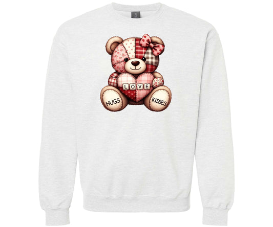 Ash Gray Gildan Softstyle Sweatshirt with a cute patchwork teddy bear design in different shades of red and pink.  Very cute for Valentine's Day!