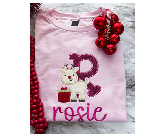Personalized Alphabet Reindeer Christmas Shirt – Embroidered Holiday Gift
