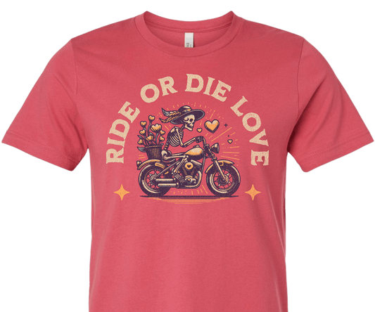 Bella Canvas Vintage Red T-Shirt with a Skeleton riding a vintage motorcycle with the words "Ride or Die Love".