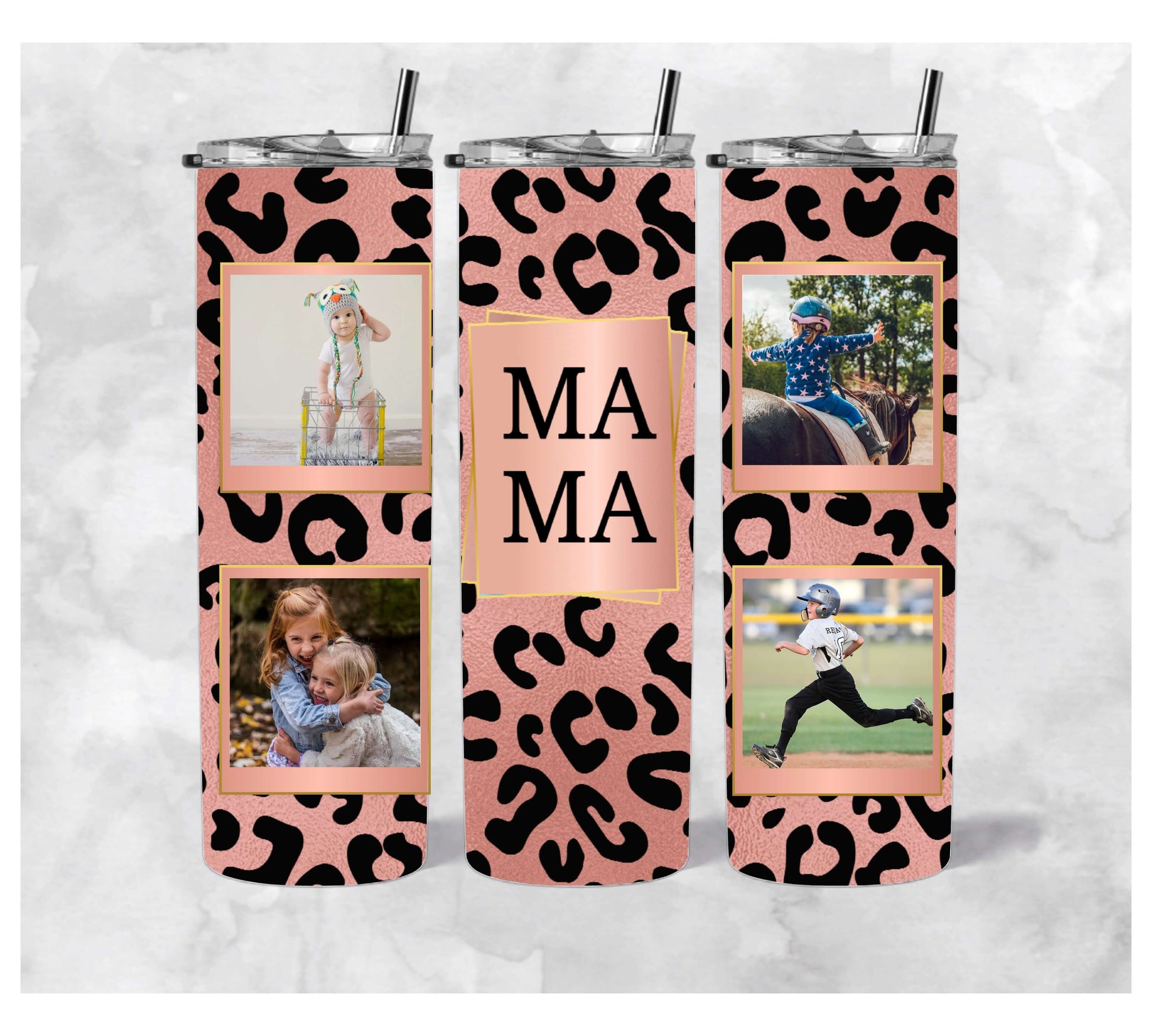 20oz Stainless Steel Tumbler with Rose Gold Leopard Print Design, the word MAMA in the middle with 4 pictures of your choice.