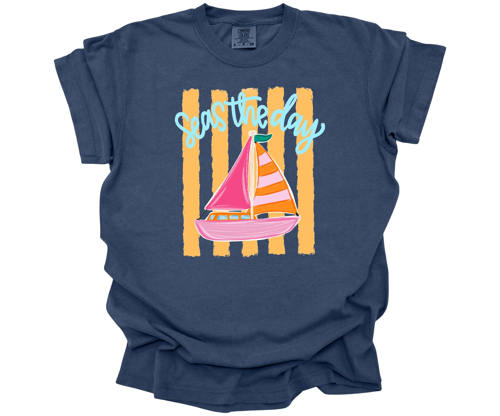 Inspirational "Seas the Day" graphic design with a hand-drawn sailboat on yellow horizontal stripes on a Comfort Colors Tee in the color China Blue.