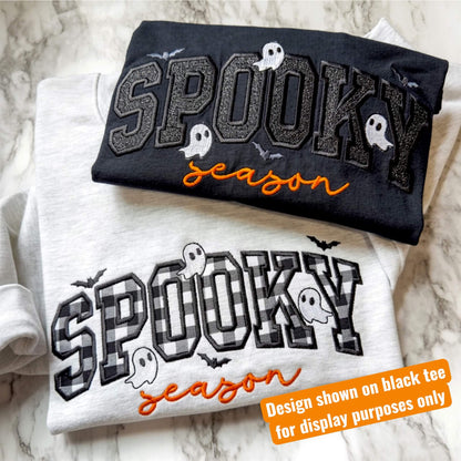 Spooky Season Halloween embroidered sweatshirt showing two options: 1) Ash gray with checkerboard fabric and 2) Black with black glitter HTV.