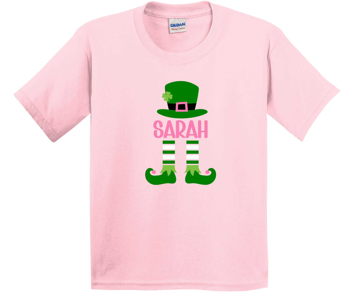 Gildan Youth Light Pink T-Shirt with a St. Patrick's Day Elf that you can personalize with your name.