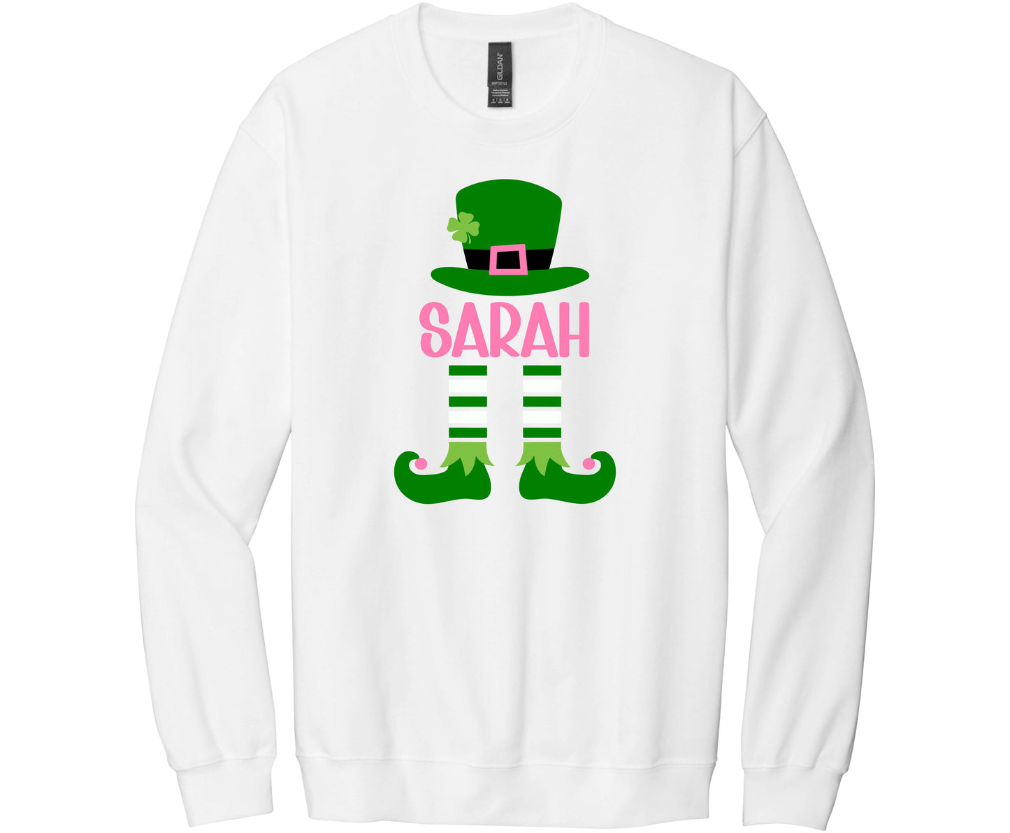 Gildan Softstyle Sweatshirt in White with a St. Patrick's Day Elf design where you can add your name to personalize it.