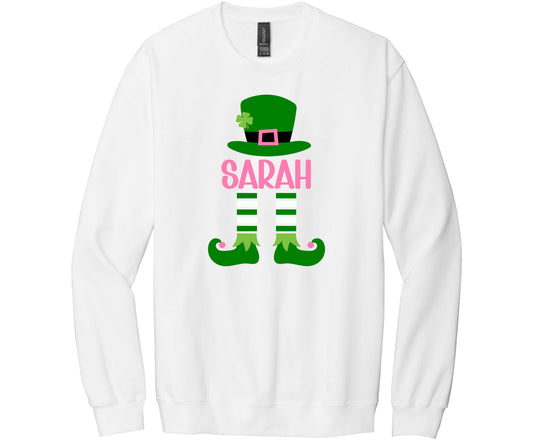 Gildan Softstyle Sweatshirt in White with a St. Patrick's Day Elf design where you can add your name to personalize it.