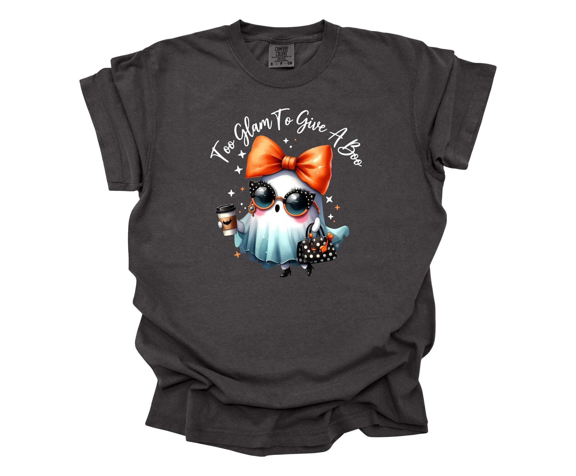 Too Glam to Give a Boo Halloween Comfort Colors T-shirt in the color Pepper with cute ghost wearing sunglasses, purse and high heels.