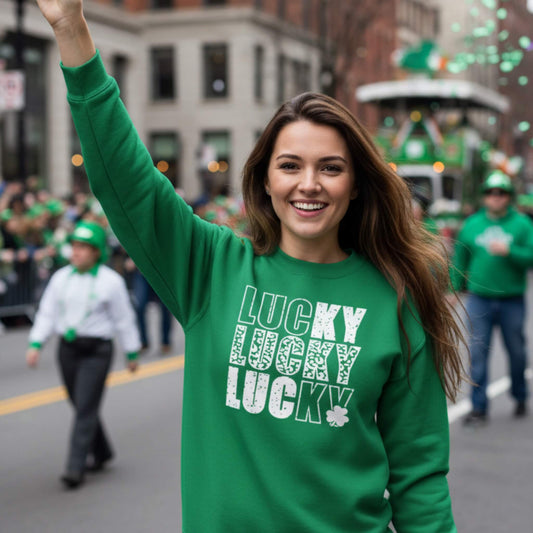 Image shows model wearing the Gildan sweatshirt with the Lucky Design.