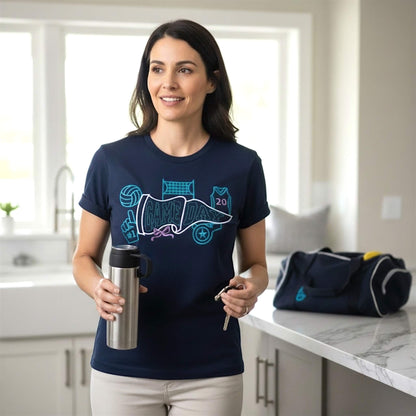 Model wearing a Gildan Navy Blue T-shirt embroidered with a Game Day Pendant Banner Design.  The design is surrounded by a volleyball, net, whistle, jersey outline that can be personalized with your player's jersey number and a foam finger.  Very cute shirt for any tournament weekend.