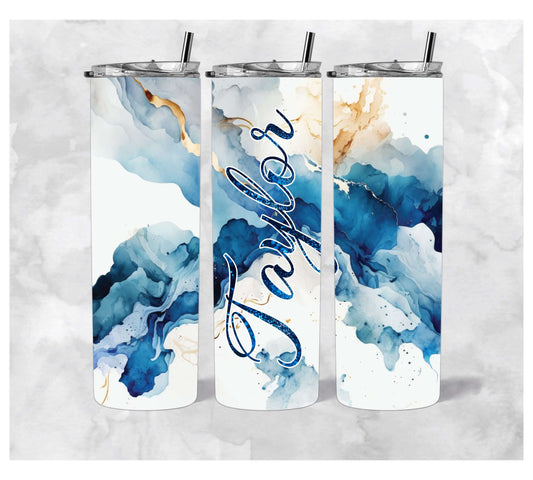 Watercolor Blue & Gold Marble Personalized Tumbler