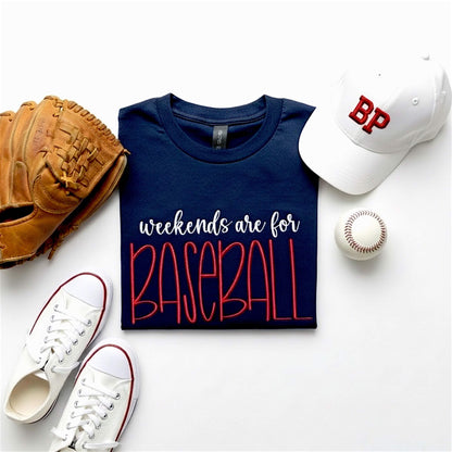 Gildan Navy Embroidered T-Shirt with the words "weekends are for BASEBALL" in white and bright red thread.