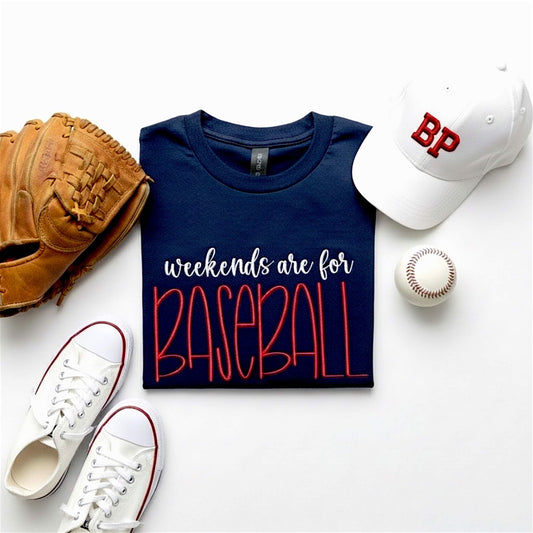 Gildan Navy Embroidered T-Shirt with the words "weekends are for BASEBALL" in white and bright red thread.