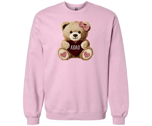 Faux Yarn Teddy Bear Sweatshirt – Cute Pink Valentine’s Day Crewneck