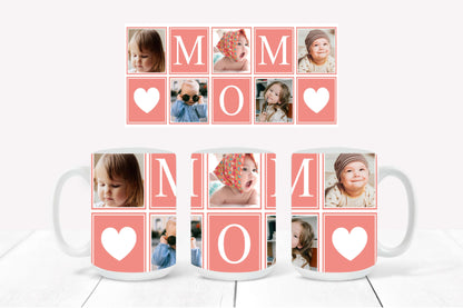 Personalized Photo Mug featuring a coral-outlined collage design with hearts and the word "MOM"