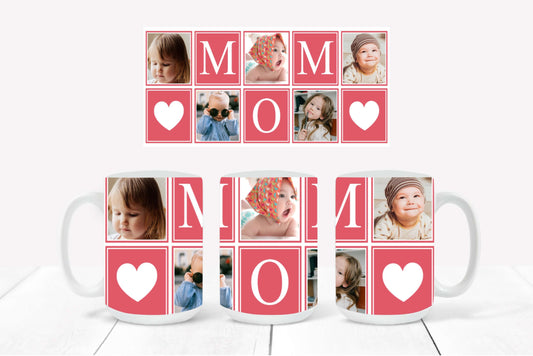 Personalized Photo Mug featuring a hot pink-outlined collage design with hearts and the word "MOM"